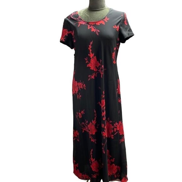 Miss Dorby Black and Red Floral Maxi Long Dress, Size 14 - Picture 3 of 7